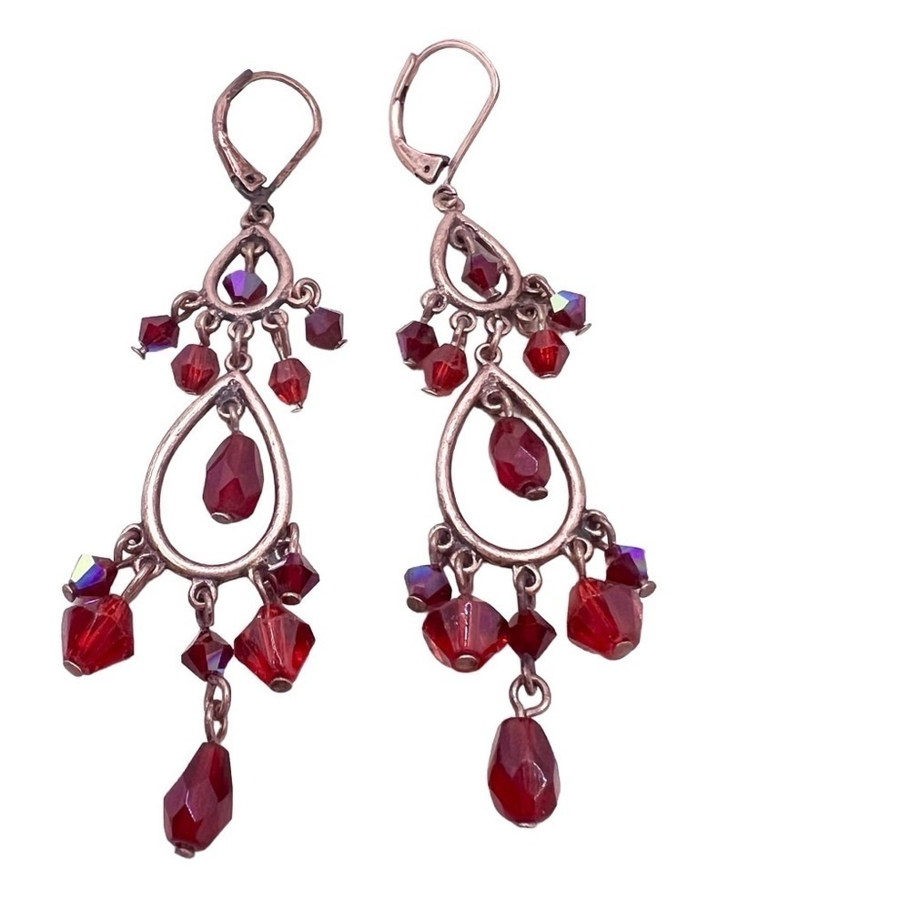 Gold tone dangle red bead elegant stylish sophisticated fancy earrings